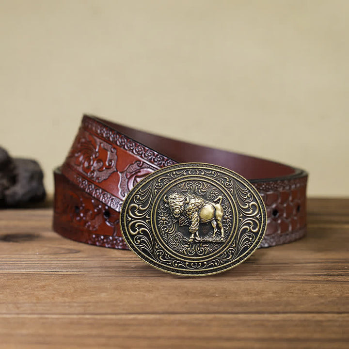Men's DIY Wild Animal Bear Bull Buckle Leather Belt - Bull - Brown Carved Belt (40) - image 17