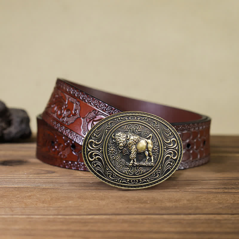 Men's DIY Wild Animal Bear Bull Buckle Leather Belt - Bull - Brown Carved Belt (40) - image 17