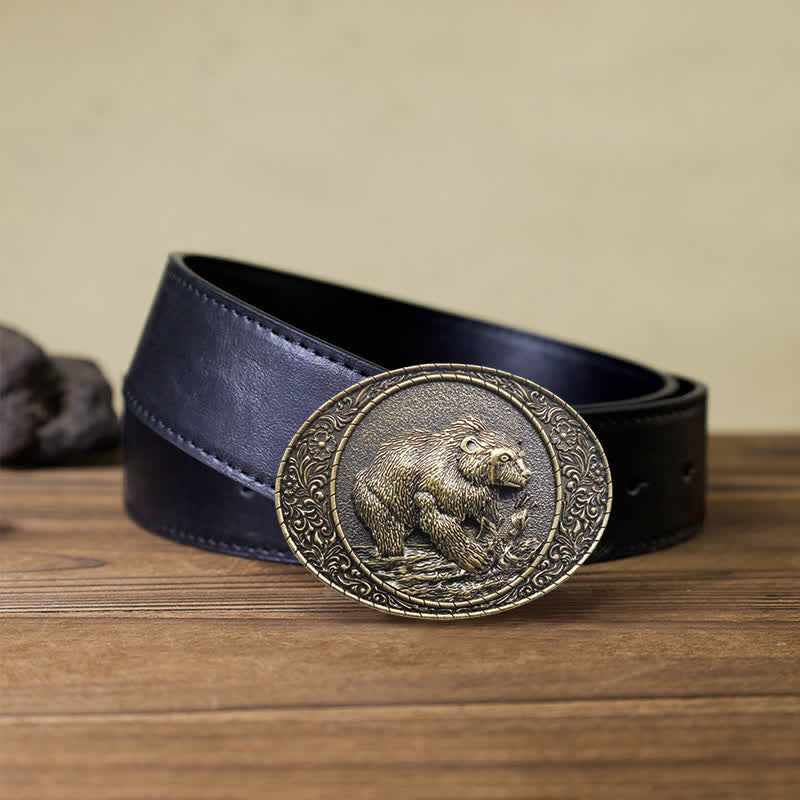 Men's DIY Wild Animal Bear Bull Buckle Leather Belt - Bear - Black PU Belt (40) - image 4