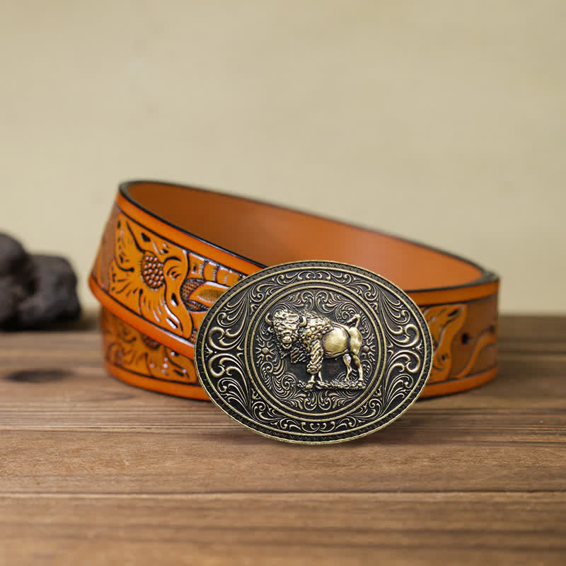 Men's DIY Wild Animal Bear Bull Buckle Leather Belt - Bull - Orange Carved Belt (40) - image 19