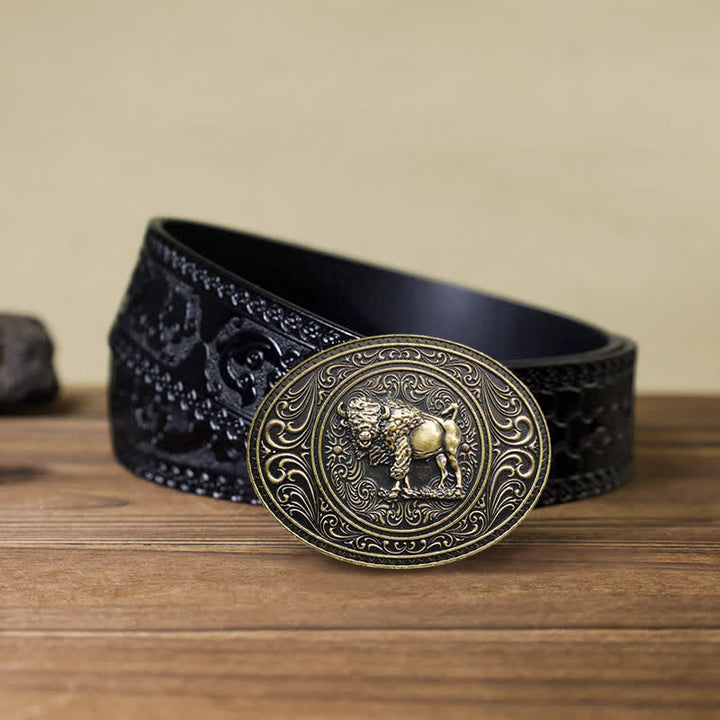 Men's DIY Wild Animal Bear Bull Buckle Leather Belt - Bull - Black Carved Belt (40) - image 16