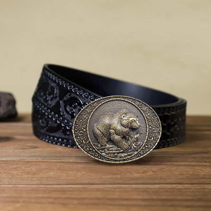 Men's DIY Wild Animal Bear Bull Buckle Leather Belt - Bear - Black Carved Belt (40) - image 7