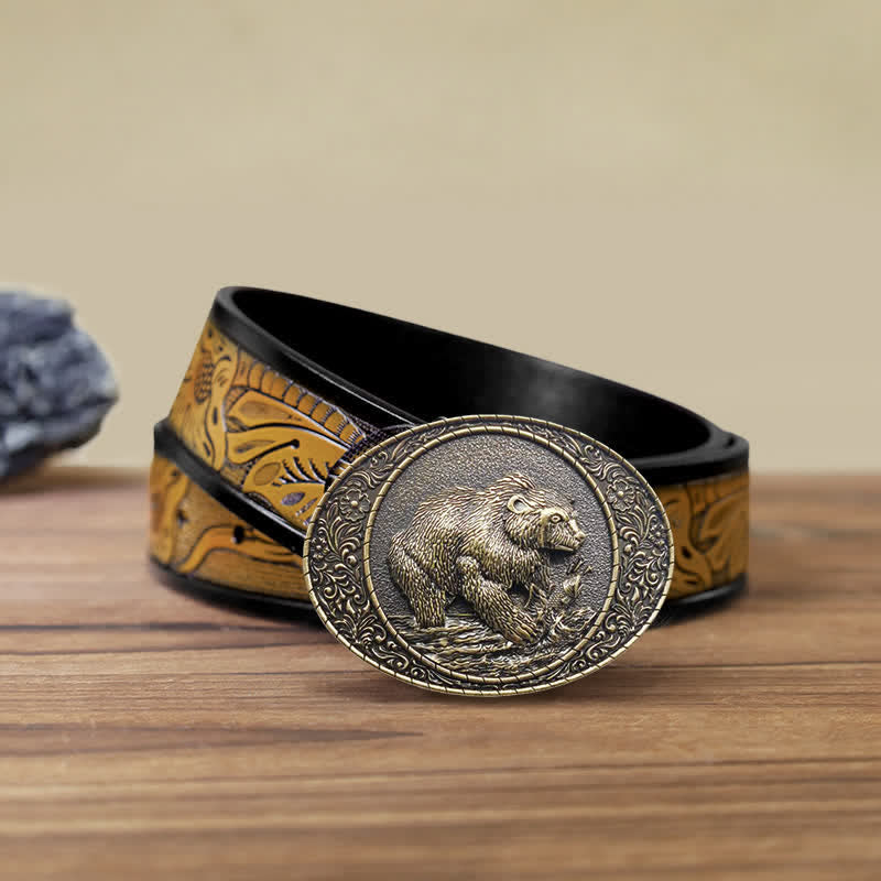 Men's DIY Wild Animal Bear Bull Buckle Leather Belt - Bear - SandyBrown Belt (40) - image 9