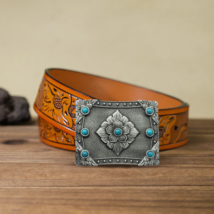 Men's DIY Western Turquoise Rectangular Buckle Leather Belt - Turquoise - Orange Carved Belt (40) - image 8