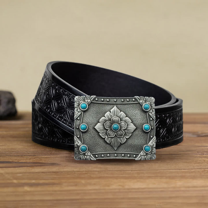 Men's DIY Western Turquoise Rectangular Buckle Leather Belt - Turquoise - Black Embossed Weave Belt (38) - image 4