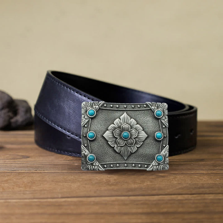 Men's DIY Western Turquoise Rectangular Buckle Leather Belt - Turquoise - Black PU Belt (40) - image 2