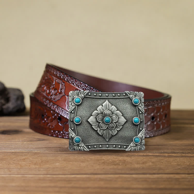 Men's DIY Western Turquoise Rectangular Buckle Leather Belt - Turquoise - Brown Carved Belt (40) - image 6