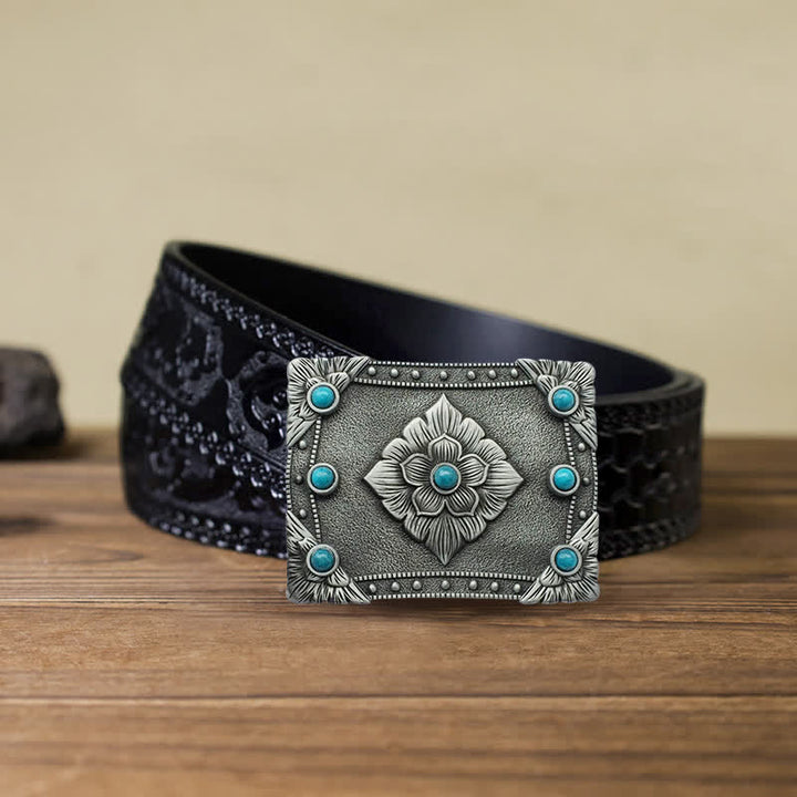 Men's DIY Western Turquoise Rectangular Buckle Leather Belt - Turquoise - Black Carved Belt (40) - image 5