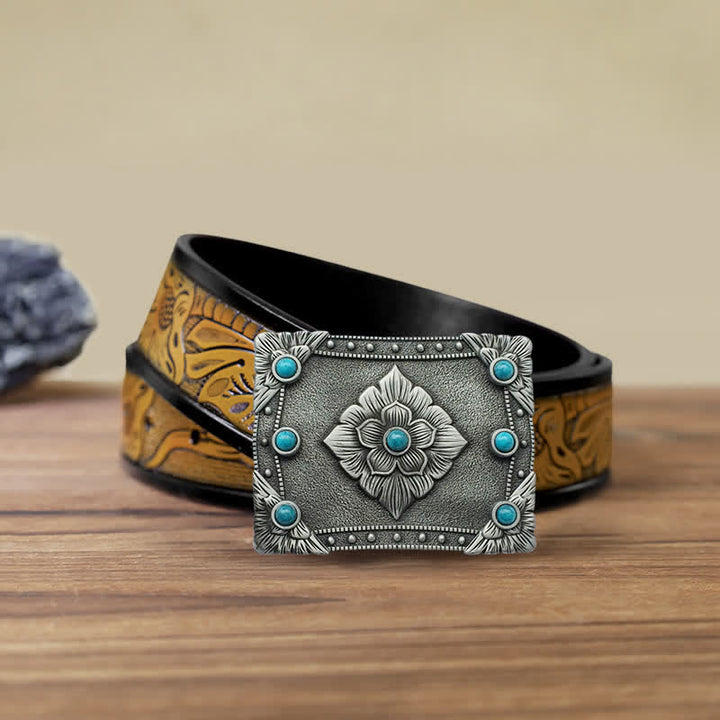 Men's DIY Western Turquoise Rectangular Buckle Leather Belt - Turquoise - SandyBrown Belt (40) - image 7