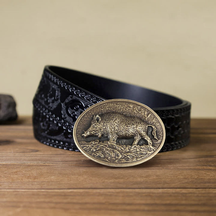 Men's DIY Hunter Wild Boar Buckle Leather Belt - Antique Bronze - Black Carved Belt (40) - image 8