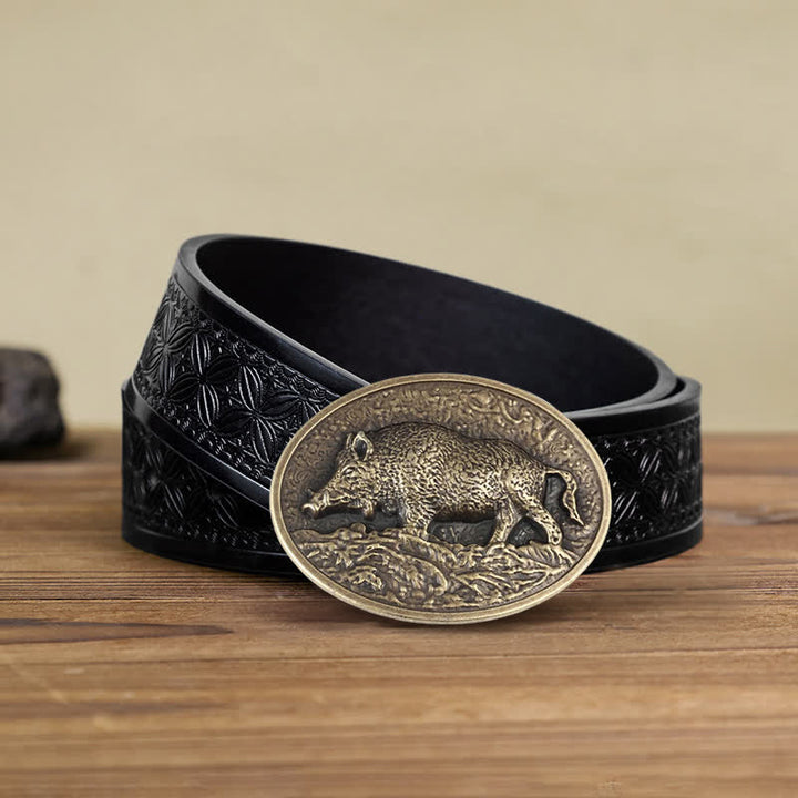 Men's DIY Hunter Wild Boar Buckle Leather Belt - Antique Bronze - Black Embossed Weave Belt (38) - image 7