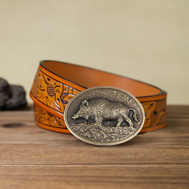 Men's DIY Hunter Wild Boar Buckle Leather Belt - Antique Bronze - Orange Carved Belt (40) - image 11