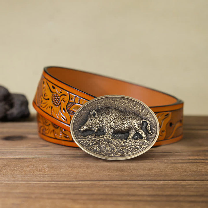 Men's DIY Hunter Wild Boar Buckle Leather Belt - Antique Bronze - Orange Carved Belt (40) - image 11