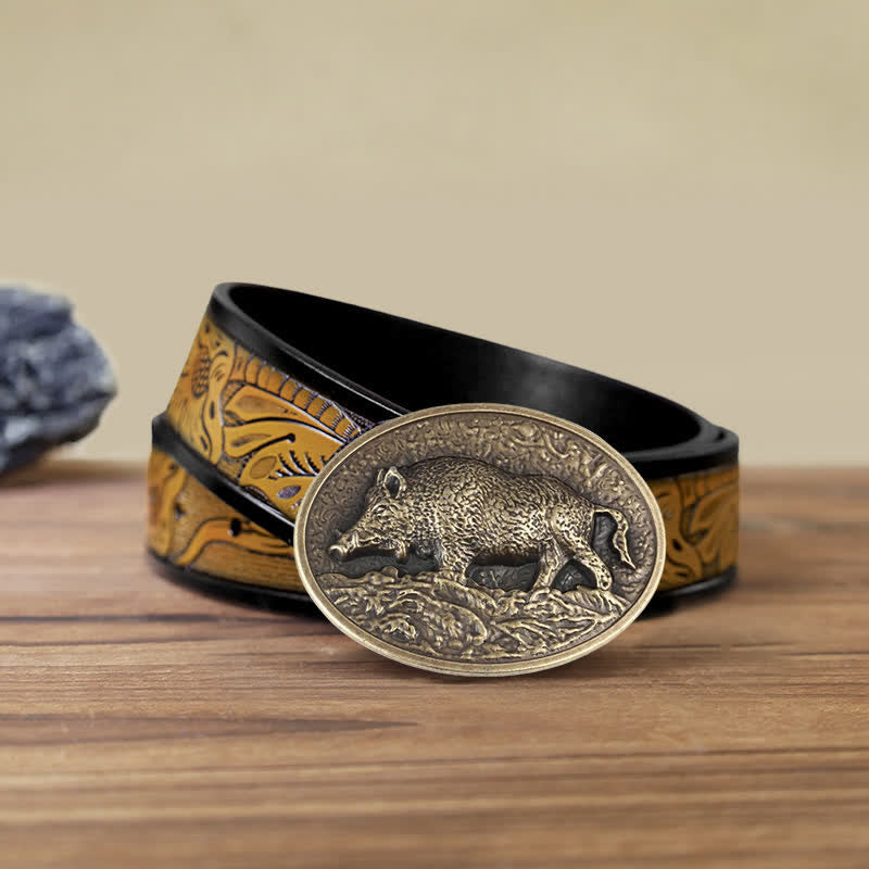 Men's DIY Hunter Wild Boar Buckle Leather Belt - Antique Bronze - SandyBrown Belt (40) - image 10