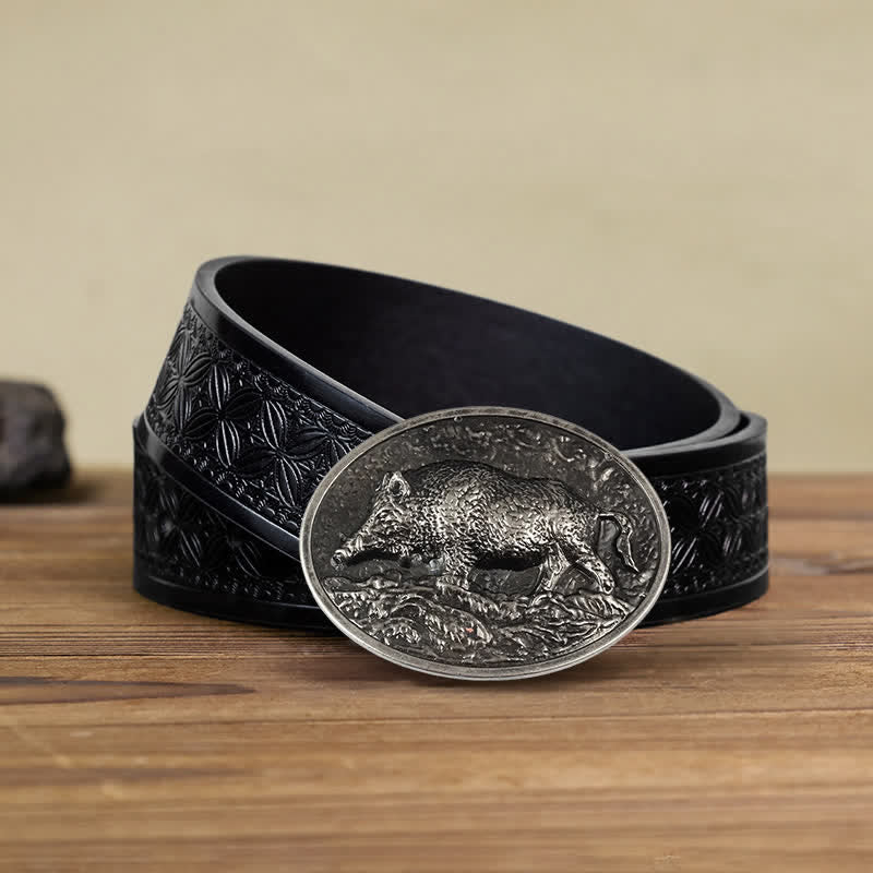 Men's DIY Hunter Wild Boar Buckle Leather Belt - Antique Silver - Black Embossed Weave Belt (38) - image 15