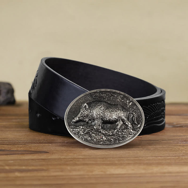 Men's DIY Hunter Wild Boar Buckle Leather Belt - Antique Silver - Black Embossed Eagle Belt (38) - image 14