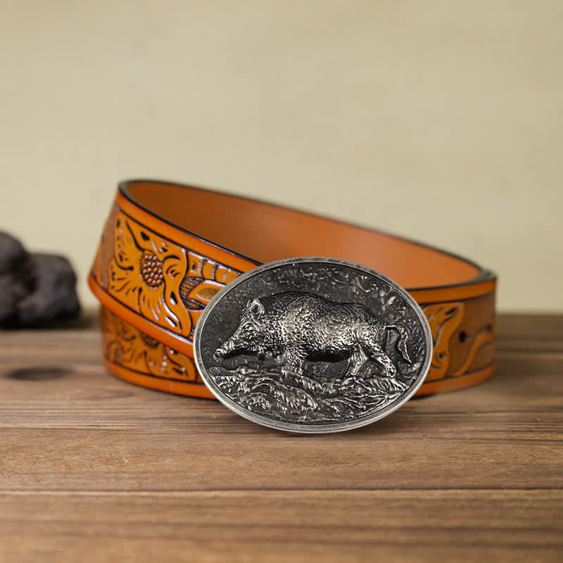 Men's DIY Hunter Wild Boar Buckle Leather Belt - Antique Silver - Orange Carved Belt (40) - image 19