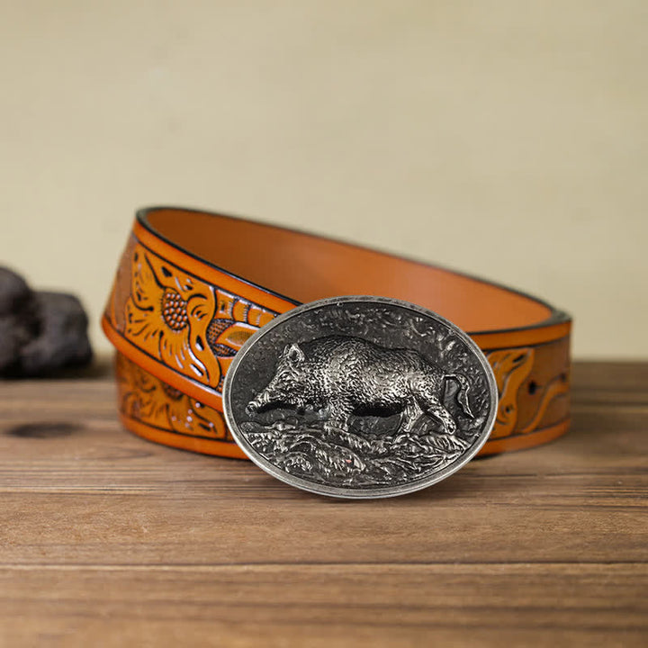 Men's DIY Hunter Wild Boar Buckle Leather Belt - Antique Silver - Orange Carved Belt (40) - image 19