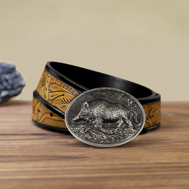 Men's DIY Hunter Wild Boar Buckle Leather Belt - Antique Silver - SandyBrown Belt (40) - image 18