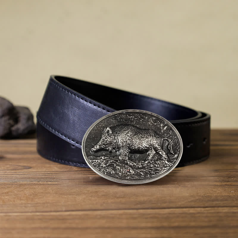 Men's DIY Hunter Wild Boar Buckle Leather Belt - Antique Silver - Black PU Belt (40) - image 13
