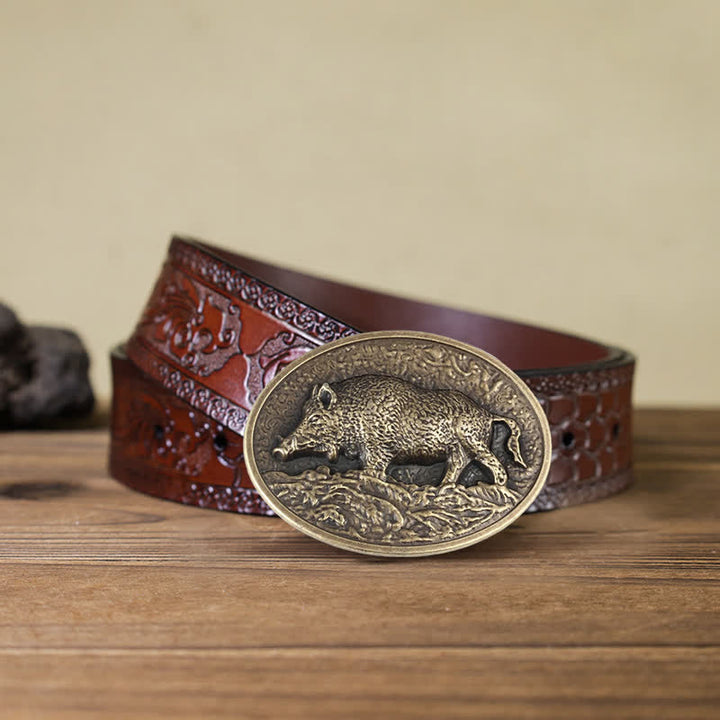 Men's DIY Hunter Wild Boar Buckle Leather Belt - Antique Bronze - Brown Carved Belt (40) - image 9