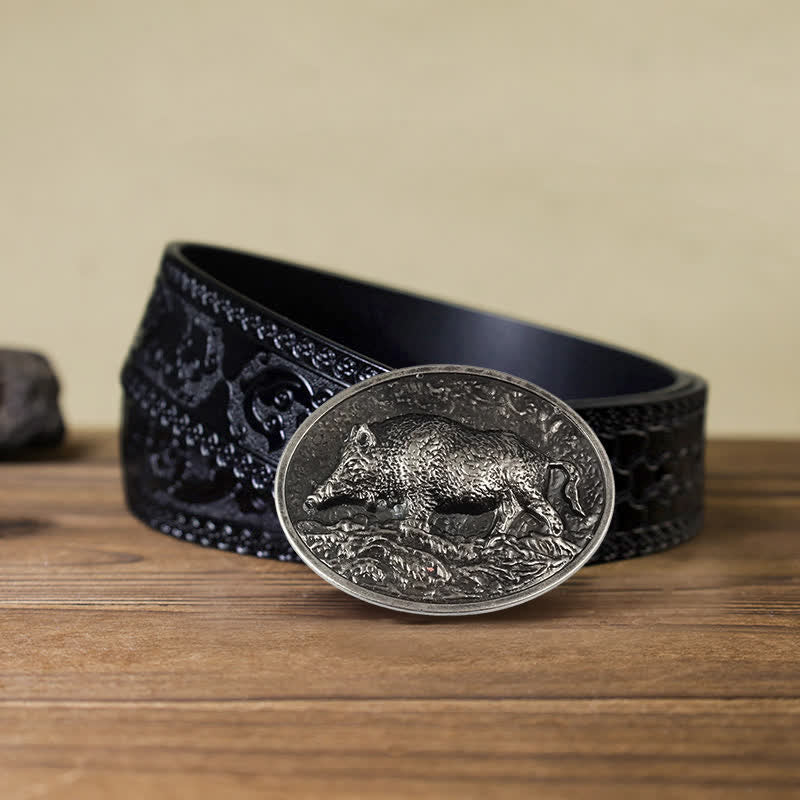 Men's DIY Hunter Wild Boar Buckle Leather Belt - Antique Silver - Black Carved Belt (40) - image 16