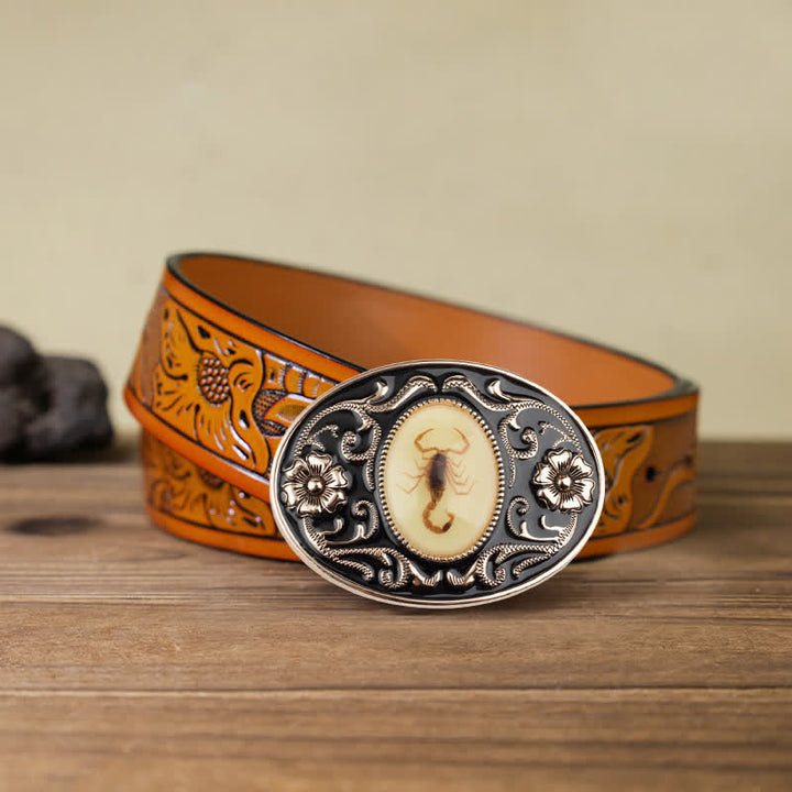 Men's DIY Decorative Luminous Scorpion Buckle Leather Belt - Scorpion - Orange Carved Belt (40) - image 13