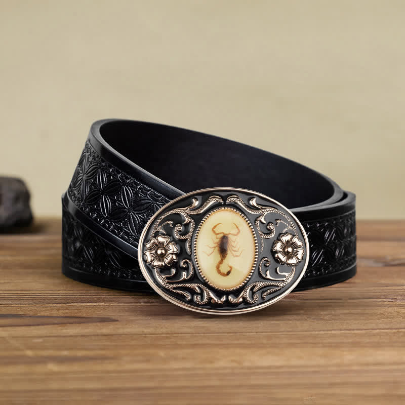 Men's DIY Decorative Luminous Scorpion Buckle Leather Belt - Scorpion - Black Embossed Weave Belt (38) - image 9