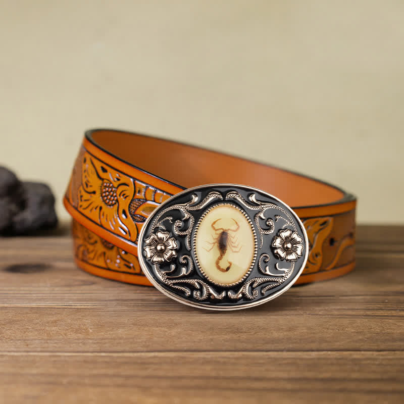 Men's DIY Decorative Luminous Scorpion Buckle Leather Belt - Scorpion - Orange Carved Belt (40) - image 13