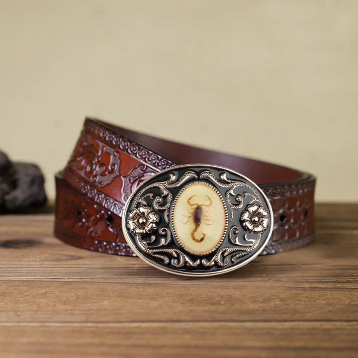 Men's DIY Decorative Luminous Scorpion Buckle Leather Belt - Scorpion - Brown Carved Belt (40) - image 11