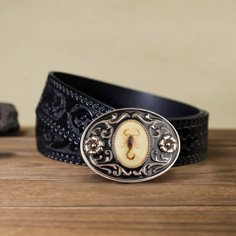 Men's DIY Decorative Luminous Scorpion Buckle Leather Belt - Scorpion - Black Carved Belt (40) - image 10
