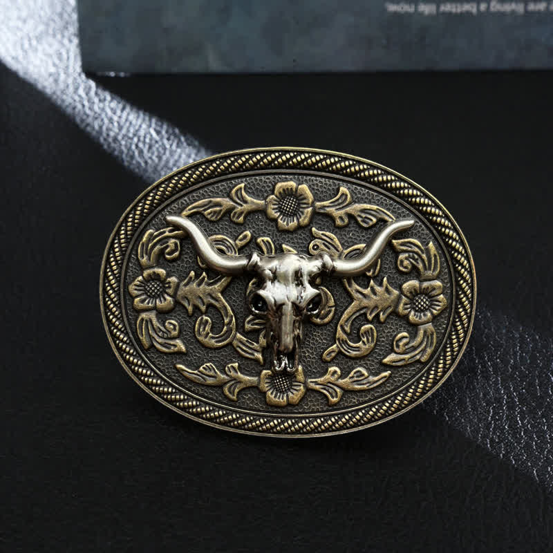 Men's DIY Bull Head Flower Carving Buckle Leather Belt - Bull Head - Without Belt - image 0