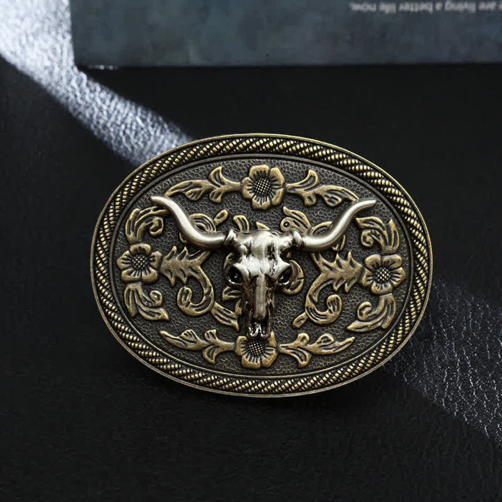 Men's DIY Bull Head Flower Carving Buckle Leather Belt - Bull Head - Without Belt - image 0