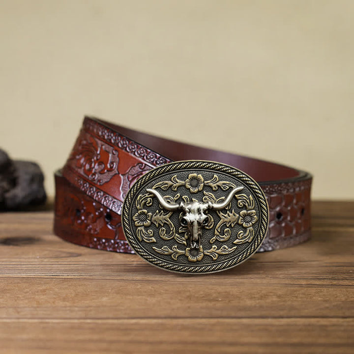 Men's DIY Bull Head Flower Carving Buckle Leather Belt - Bull Head - Brown Carved Belt (40) - image 7