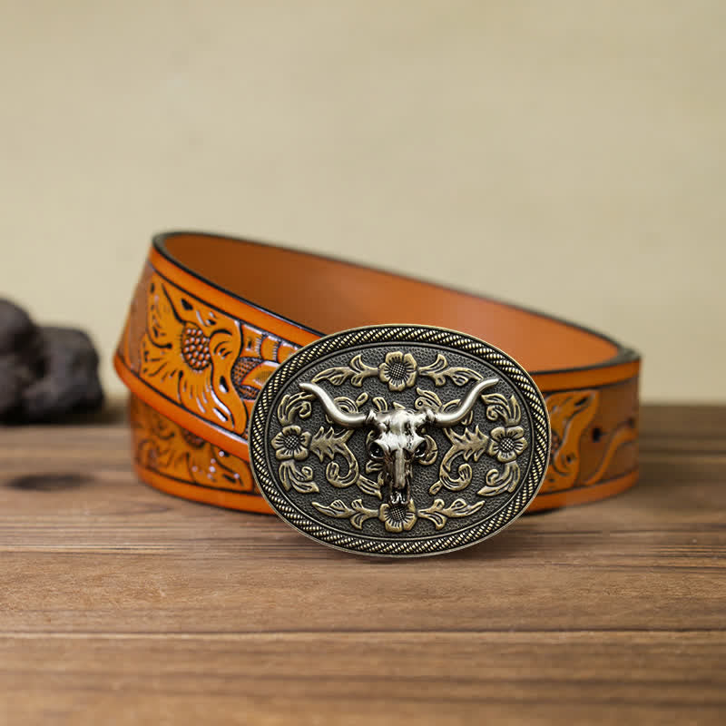 Men's DIY Bull Head Flower Carving Buckle Leather Belt - Bull Head - Orange Carved Belt (40) - image 9