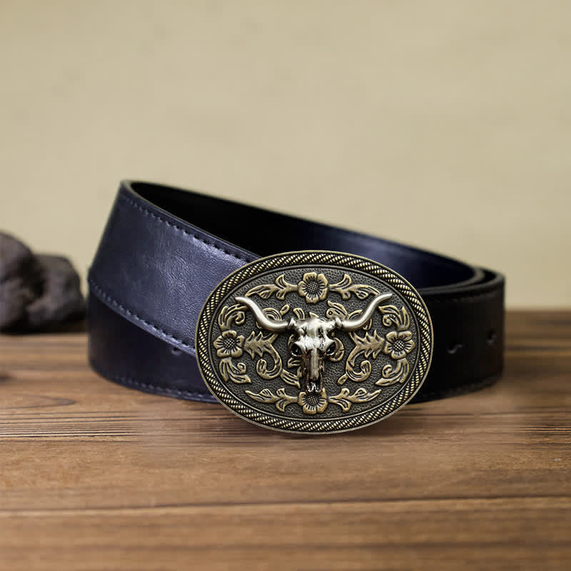 Men's DIY Bull Head Flower Carving Buckle Leather Belt - Bull Head - Black PU Belt (40) - image 3