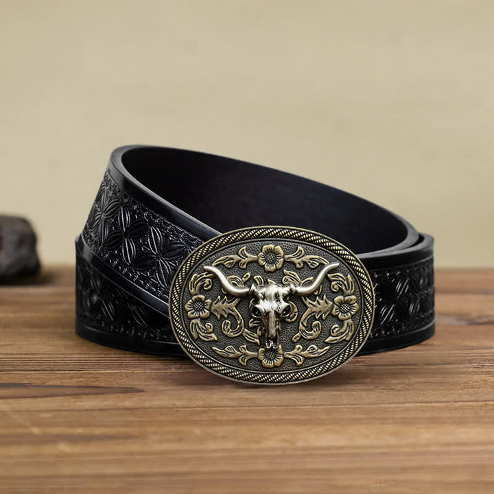 Men's DIY Bull Head Flower Carving Buckle Leather Belt - Bull Head - Black Embossed Weave Belt (38) - image 5