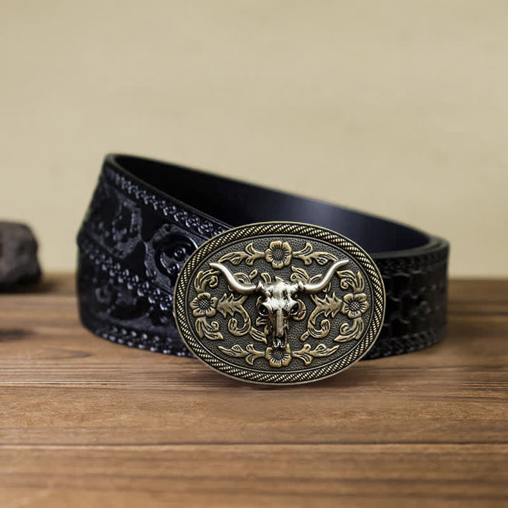 Men's DIY Bull Head Flower Carving Buckle Leather Belt - Bull Head - Black Carved Belt (40) - image 6