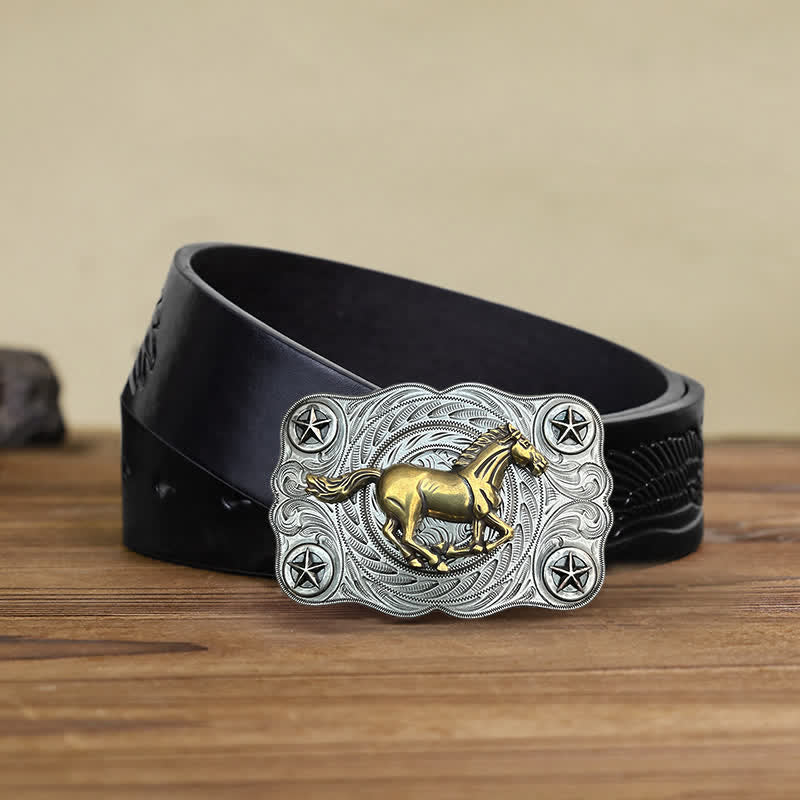 Men's DIY Western Wild Horse Buckle Leather Belt - Silver - Black Embossed Eagle Belt (38) - image 13