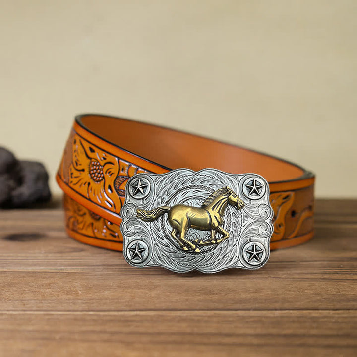 Men's DIY Western Wild Horse Buckle Leather Belt - Silver - Orange Carved Belt (40) - image 18