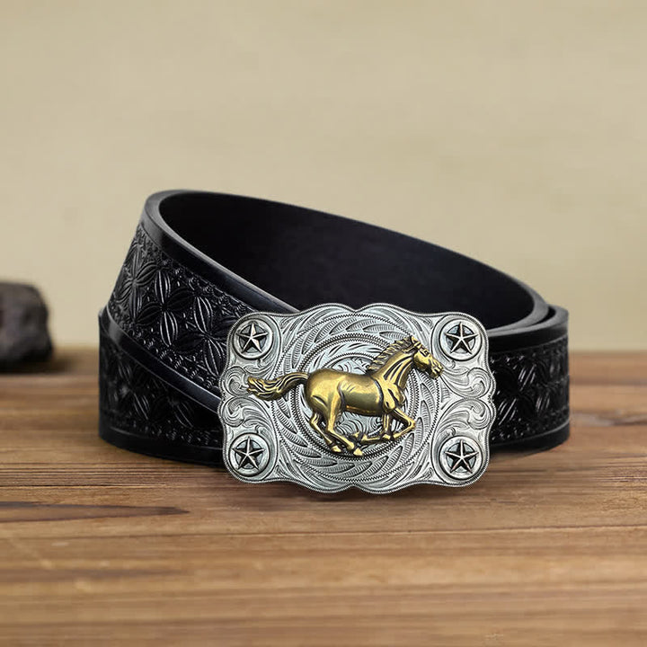 Men's DIY Western Wild Horse Buckle Leather Belt - Silver - Black Embossed Weave Belt (38) - image 14