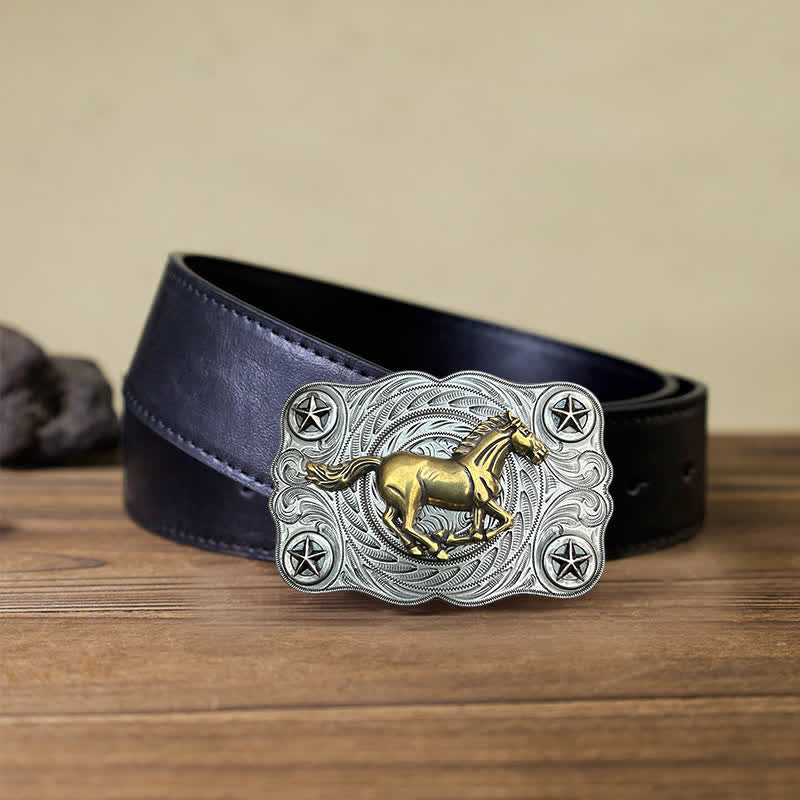 Men's DIY Western Wild Horse Buckle Leather Belt - Silver - Black PU Belt (40) - image 12