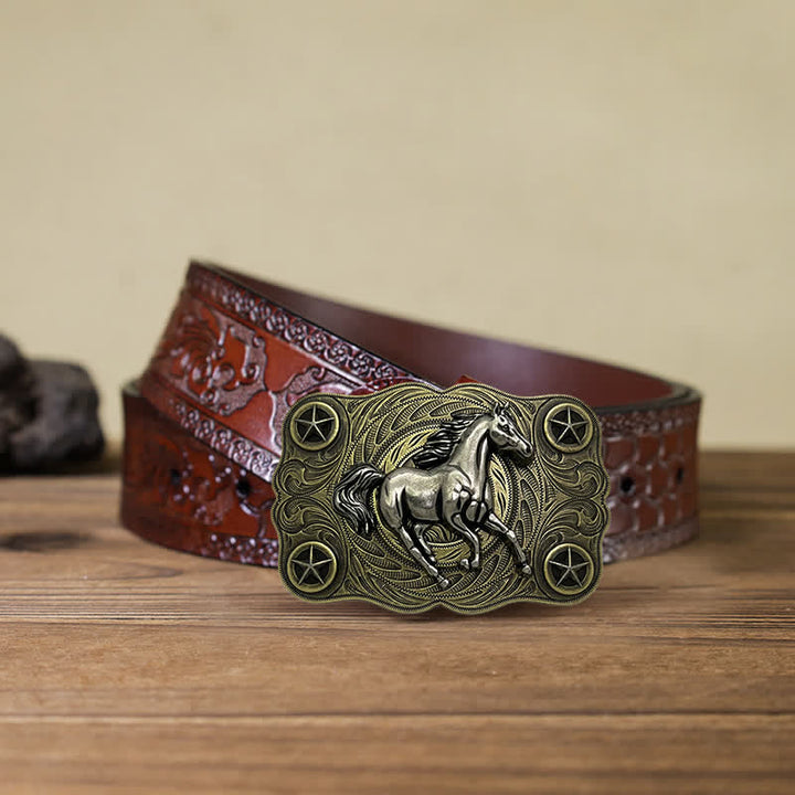 Men's DIY Western Wild Horse Buckle Leather Belt - Bronze - Brown Carved Belt (40) - image 7