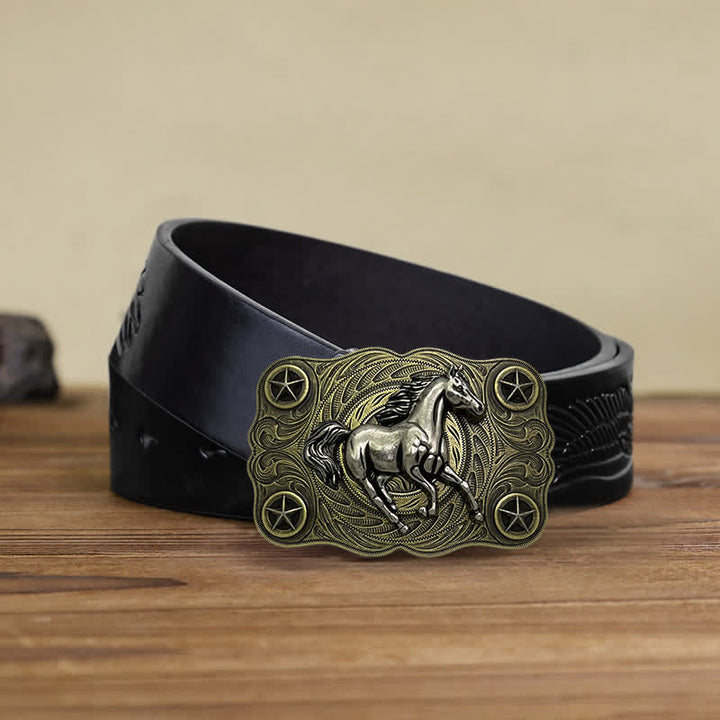 Men's DIY Western Wild Horse Buckle Leather Belt - Bronze - Black Embossed Eagle Belt (38) - image 4