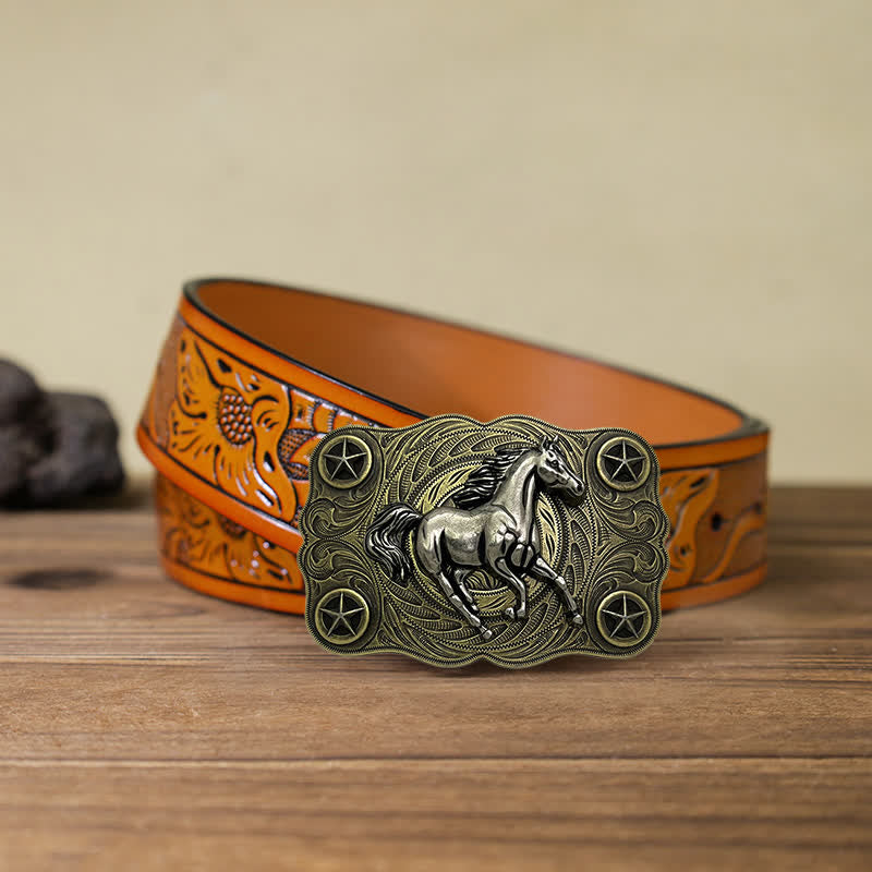 Men's DIY Western Wild Horse Buckle Leather Belt - Bronze - Orange Carved Belt (40) - image 9