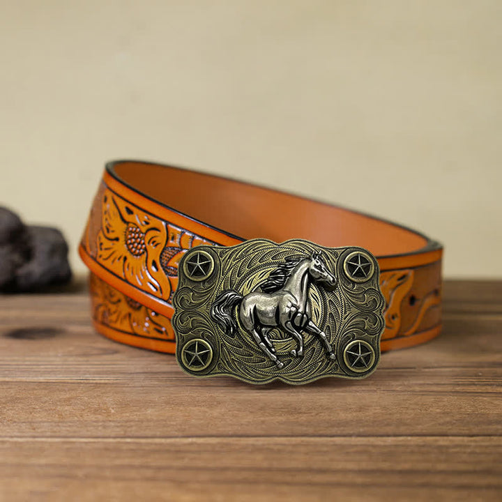 Men's DIY Western Wild Horse Buckle Leather Belt - Bronze - Orange Carved Belt (40) - image 9