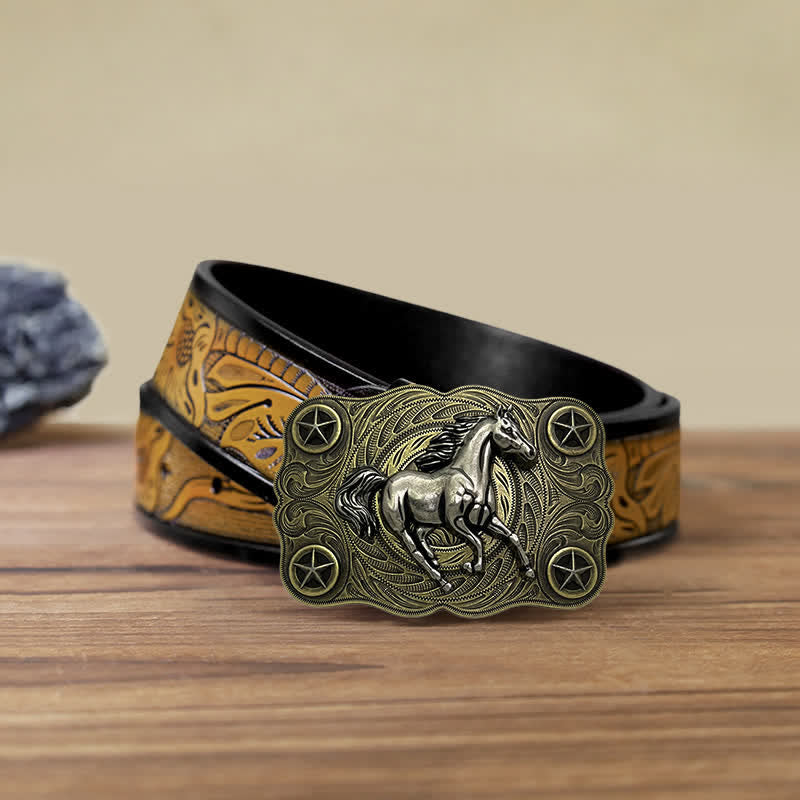 Men's DIY Western Wild Horse Buckle Leather Belt - Bronze - SandyBrown Belt (40) - image 8