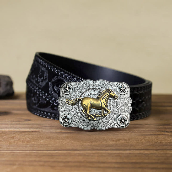Men's DIY Western Wild Horse Buckle Leather Belt - Silver - Black Carved Belt (40) - image 15
