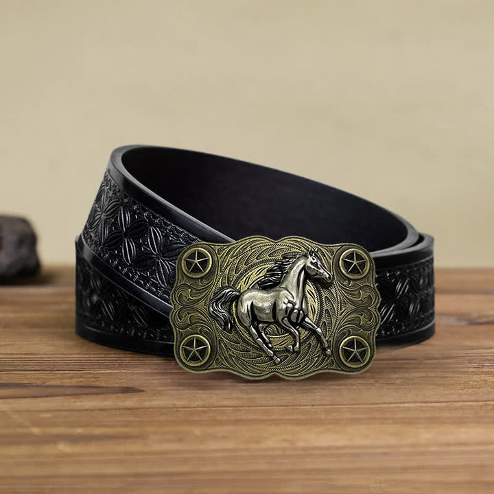 Men's DIY Western Wild Horse Buckle Leather Belt - Bronze - Black Embossed Weave Belt (38) - image 5