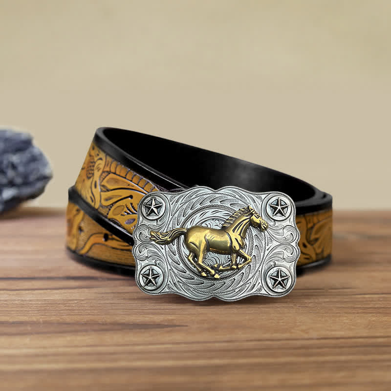 Men's DIY Western Wild Horse Buckle Leather Belt - Silver - SandyBrown Belt (40) - image 17
